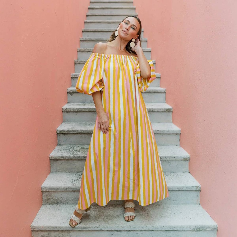 Sunshine Tienda Sunkissed Dress Women M Pink Orange Stripe Cotton NWT